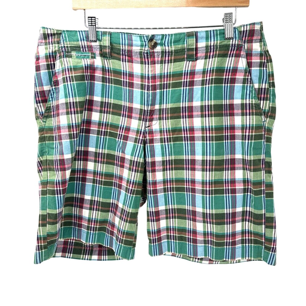 LL Bean Shorts Mens 36 W Madras Plaid Green Blue Red Cotton Standard Fit Classic