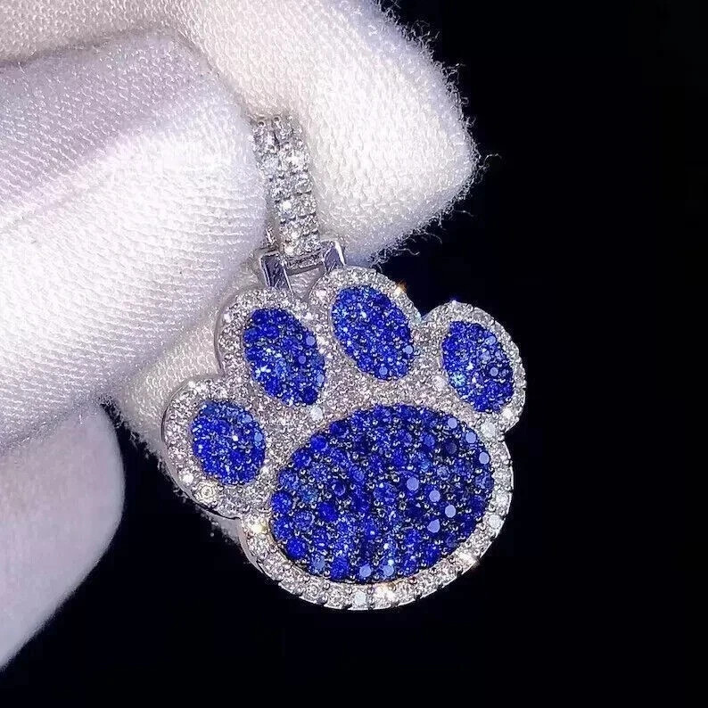 2Ct Round Cut Simulated Sapphire Dog's Paw Pendant In 14k White Gold Plated