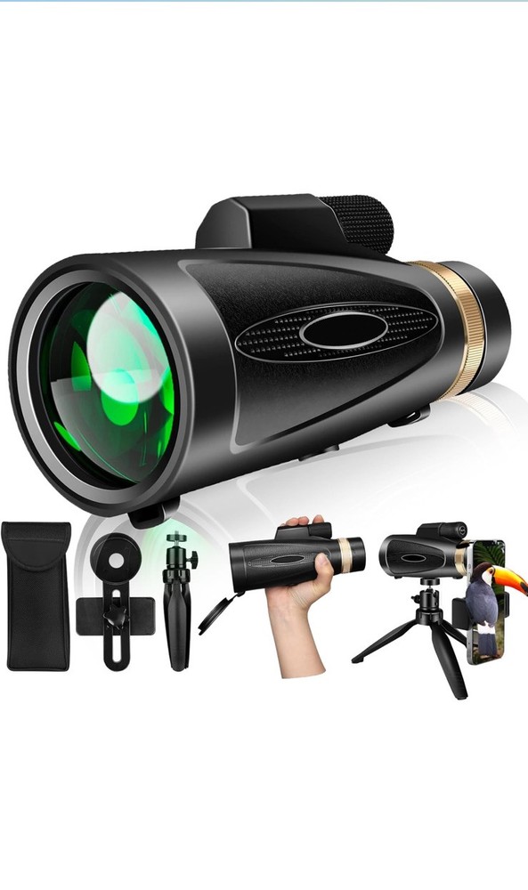 80x100 High Power Monocular Telescope with Smartphone Adapter & Tripod in Black