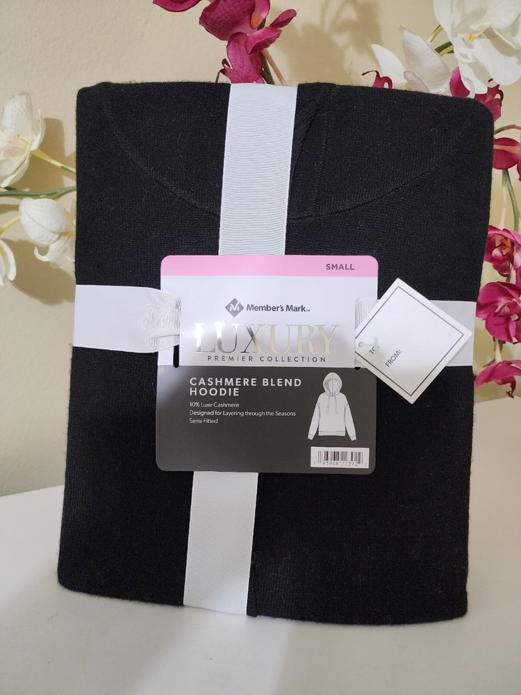 Members Mark Black Luxe Cashmere Blend Hoodie Semi-Fitted Size S-image