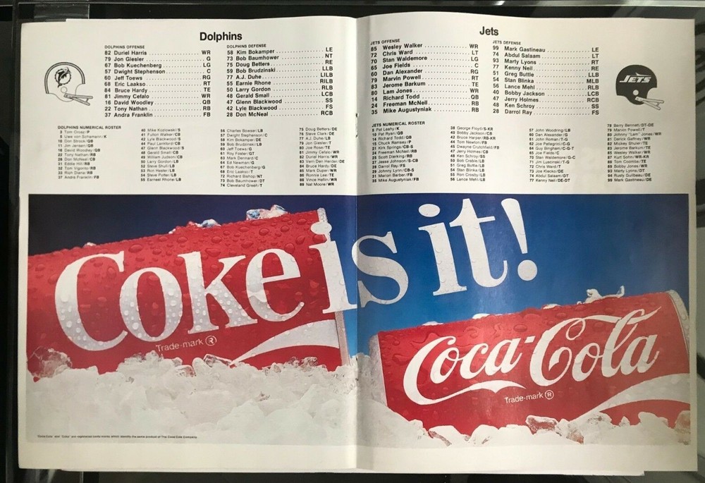 Miami Dolphins vs New York Jets Roster Coke is it! 1982 Print Ad