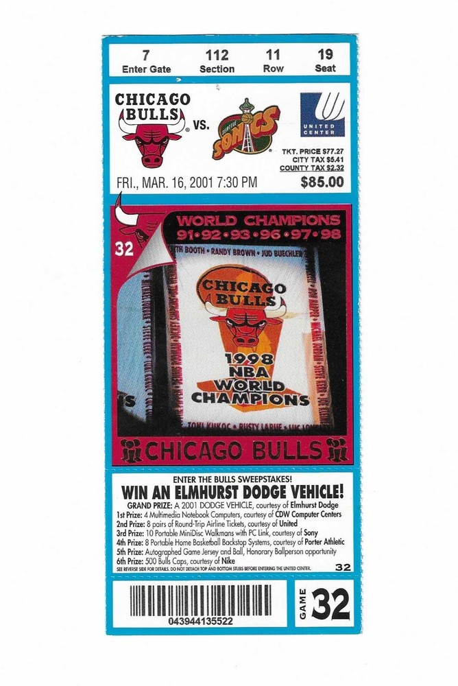 Chicago Bulls vs Seattle Supersonics Unused Basketball Ticket from 3/16/2001