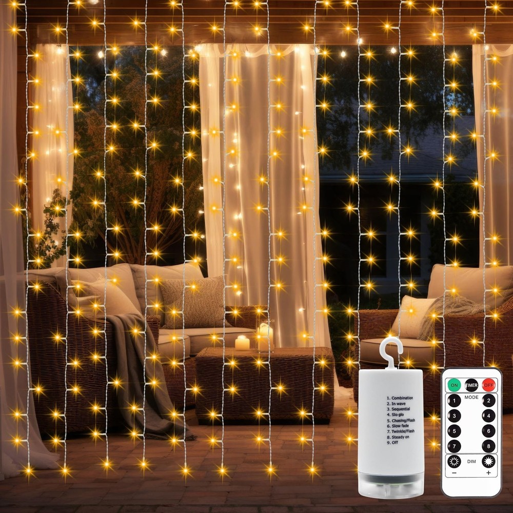300 LED Battery-Operated Curtain Lights 9.8x9.8ft with Remote