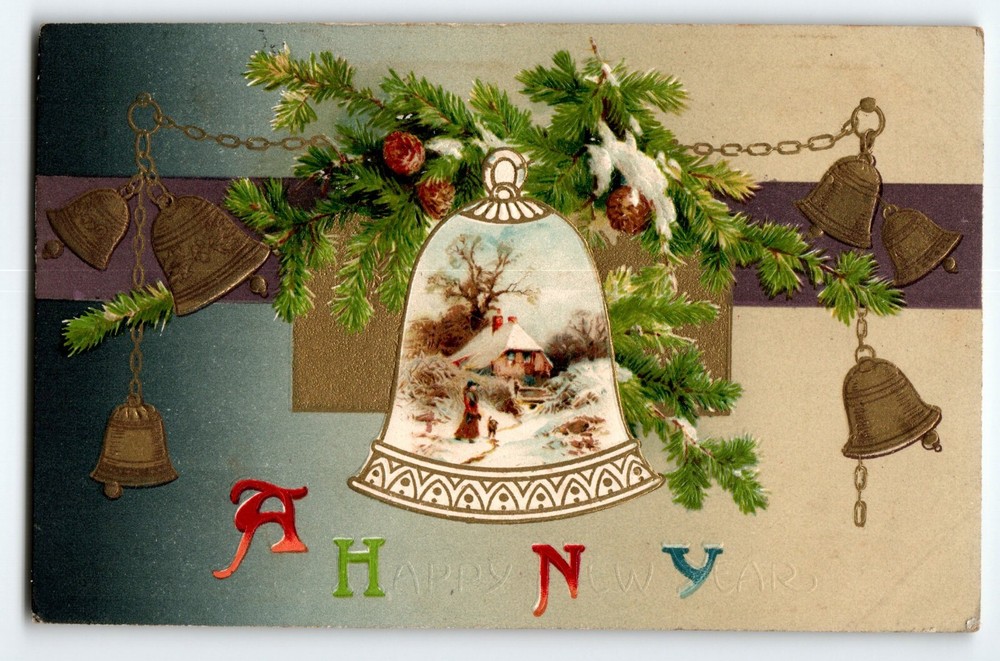 New Years Postcard Bells Pine Needles Pinecones Cottage Embossed John Winch Back-image