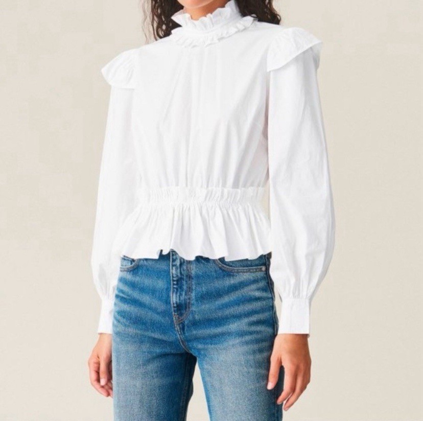 GANNI White Poplin Ruffle Neck Button Pleated Puff Sleeve Blouse Size 40