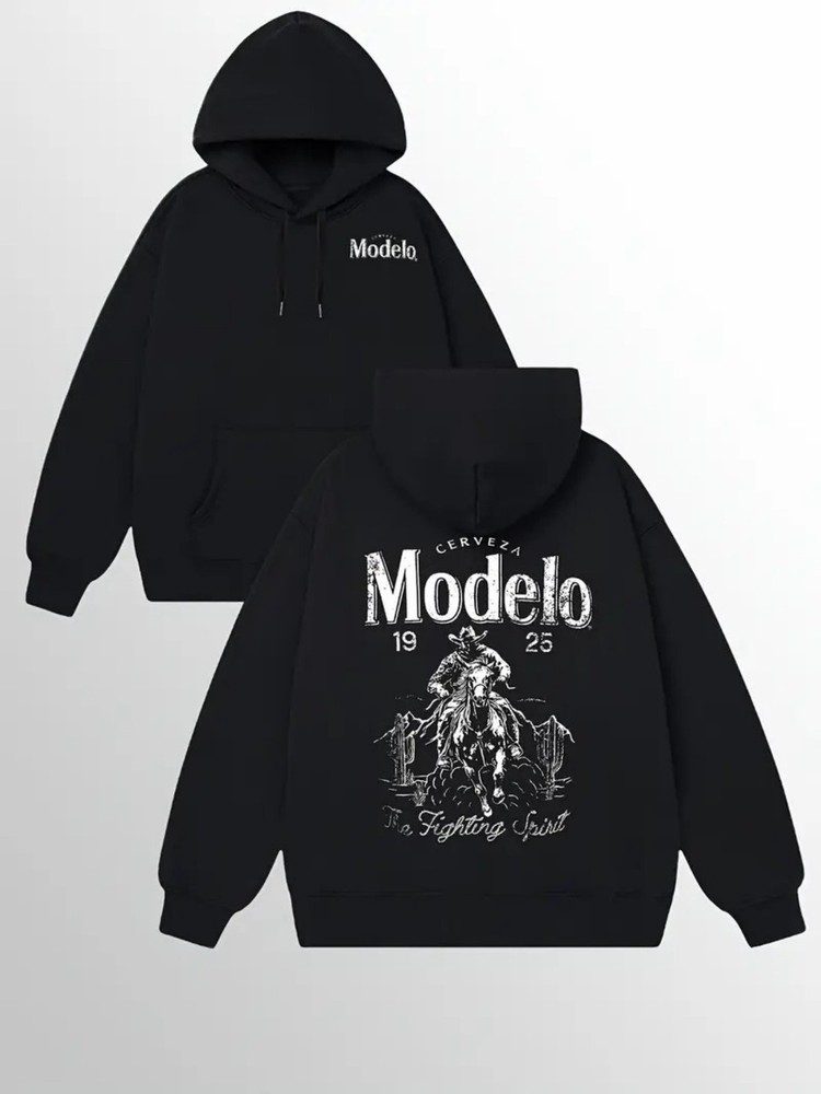 Men'S Heavyweight Hoodie - MODELO Graphic Sweatshirt, Black Pullover Hoodie with