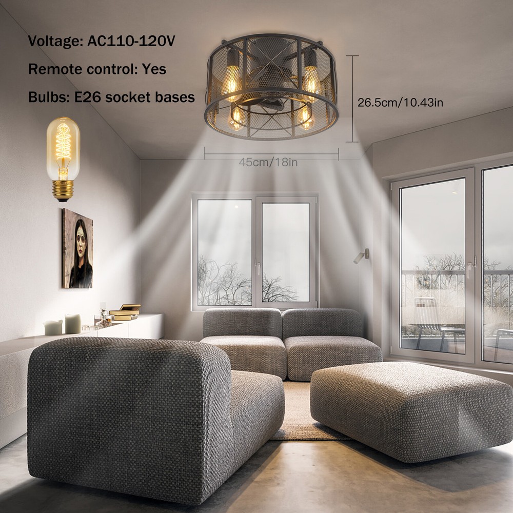 Rustic Farmhouse Ceiling Fan Light with Remote Control 3 Speed Metal Cage Lamp  