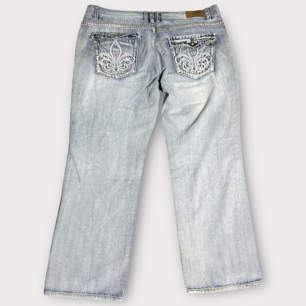 Y2K Mens Baggy Jeans 42x32 Blue Denim Embroidered Cyber Grunge Style