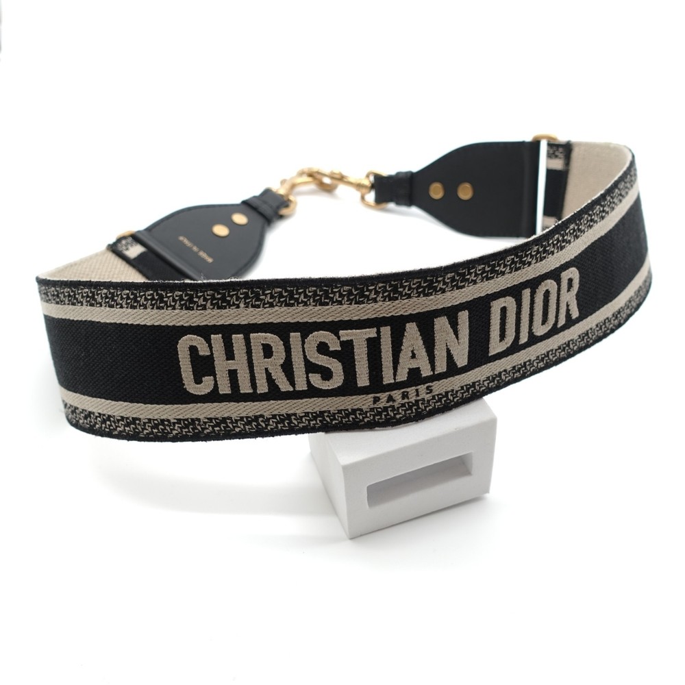 Christian Dior Bag Strap Black Neutral Shoulder Canvas Leather Logo Embroidered