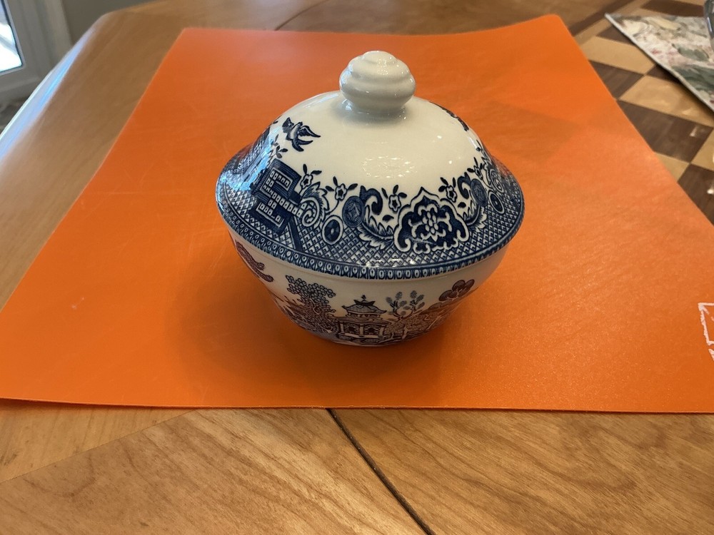 Spode England Blue Italian Camilla WillowWare Pattern Sugar Bowl W/Lid