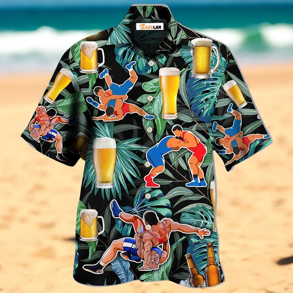 Beer And Wrestling Tropical Pattern Hawaiian Shirt