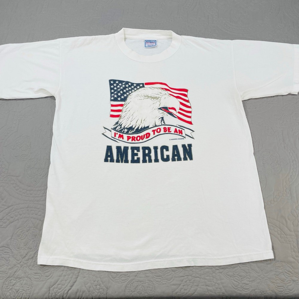 Proud to be an American T Shirt Vintage All Sport Eagle Flag Patriotic White Tee