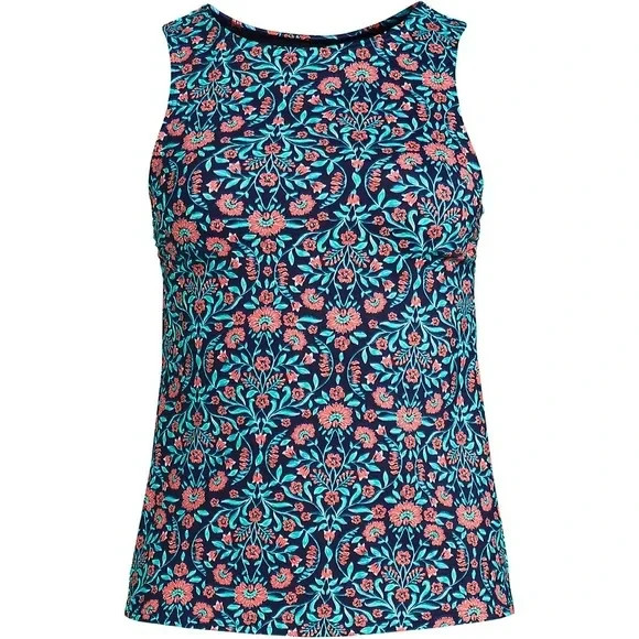 Lands End Womens High Neck Chlorine Resistant Tankini Top Sizes 4-14 & 2-14 Long in Deep Blue