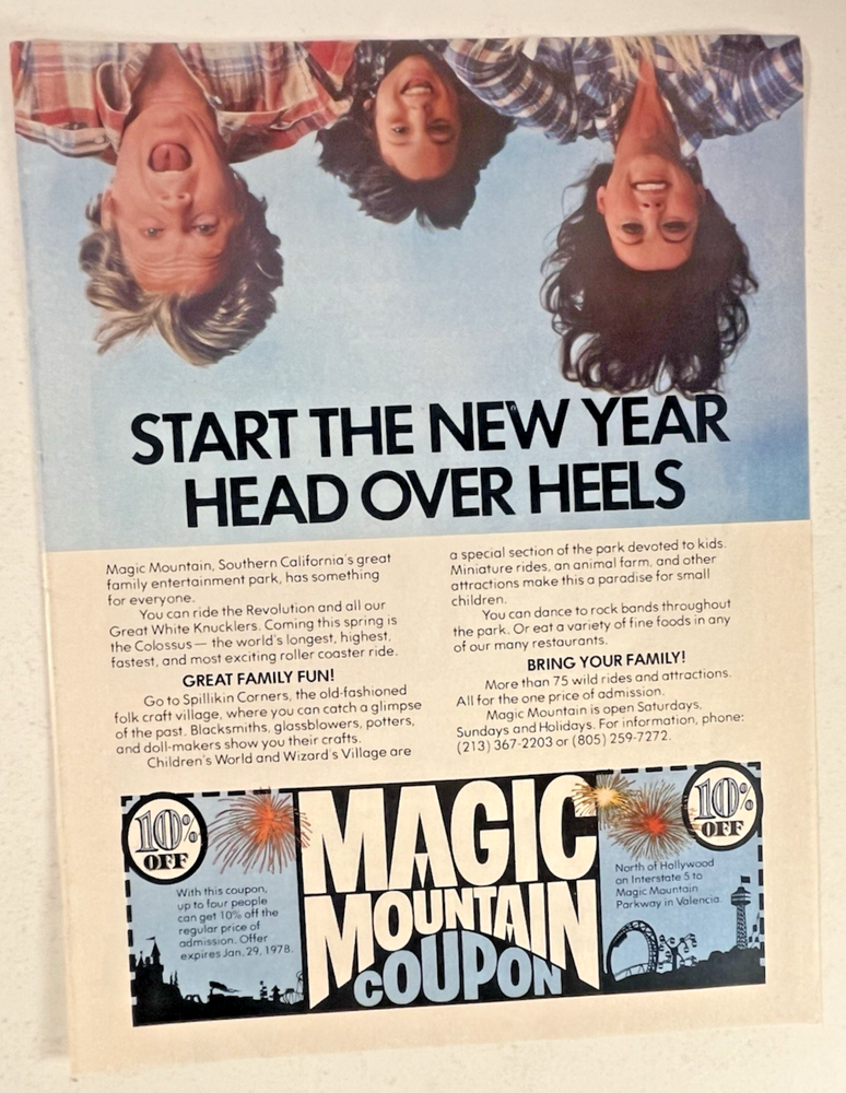 1970s Magic Mountain Vintage Ad 8.5x11 with 1978 Six Flags Coupon Head Over Heels Promo-image