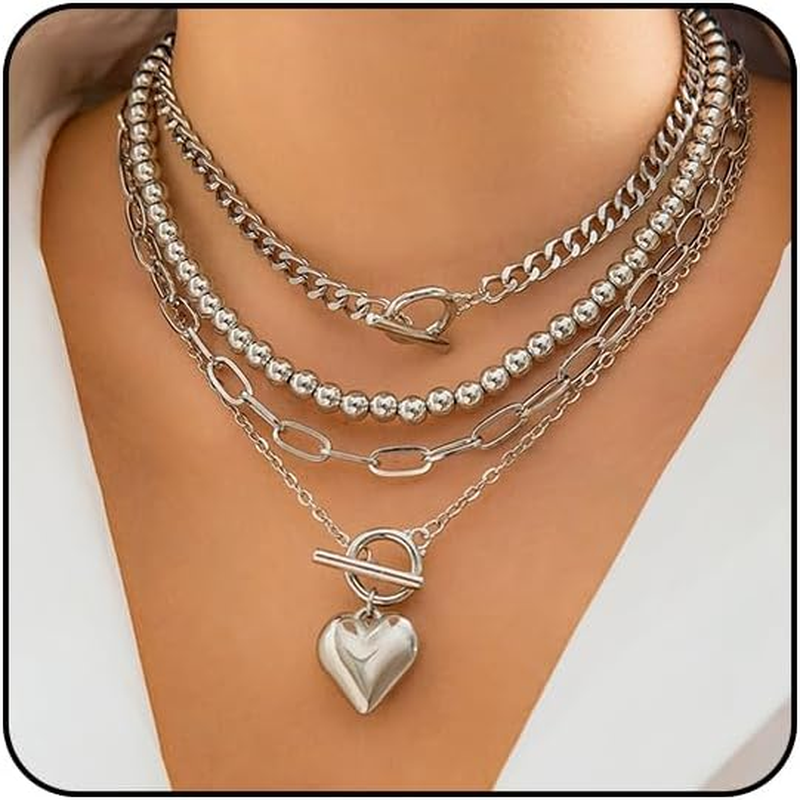 Chunky Silver Necklace Non Tarnish Layered Necklaces for Women Paperclip Chain N