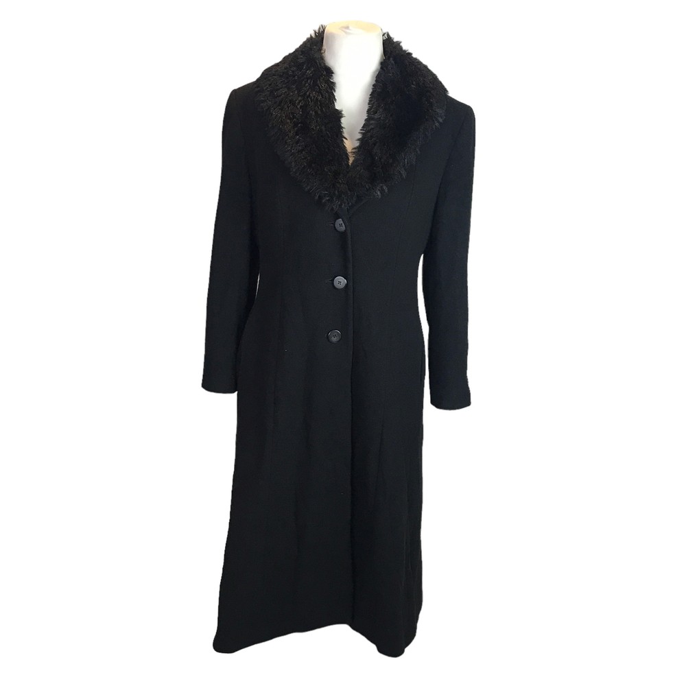 Precis Petite Wool Blend Trench Coat with Faux Fur Collar Black Size 16