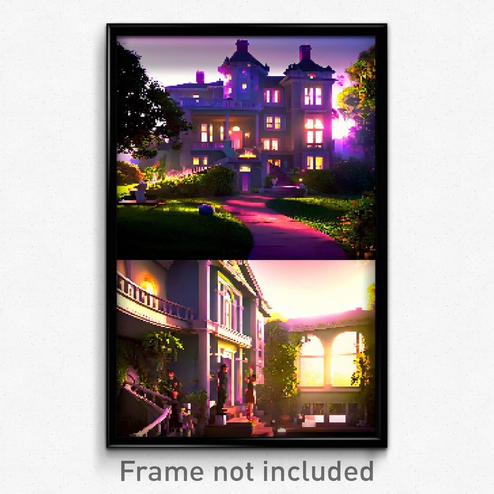 Trippy 8-Bit Pixel Art Poster of a Vibrating Mansion – Psychedelic Video Game Print