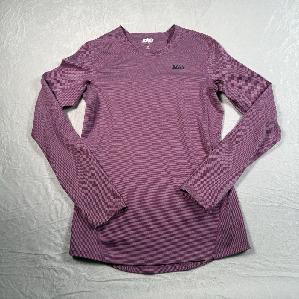 REI Co-op Womens Midweight Base Layer Crew Top Purple Striped Size XS USA