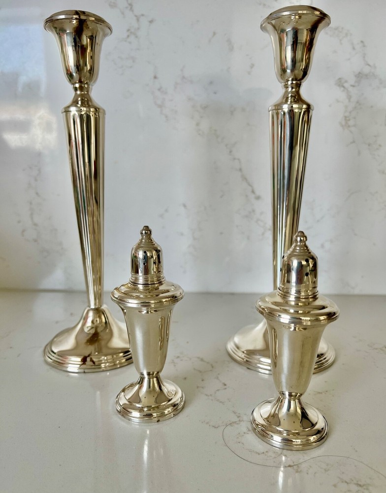 Vintage Birks Sterling Silver Candlesticks with Empire Salt and Pepper Shakers