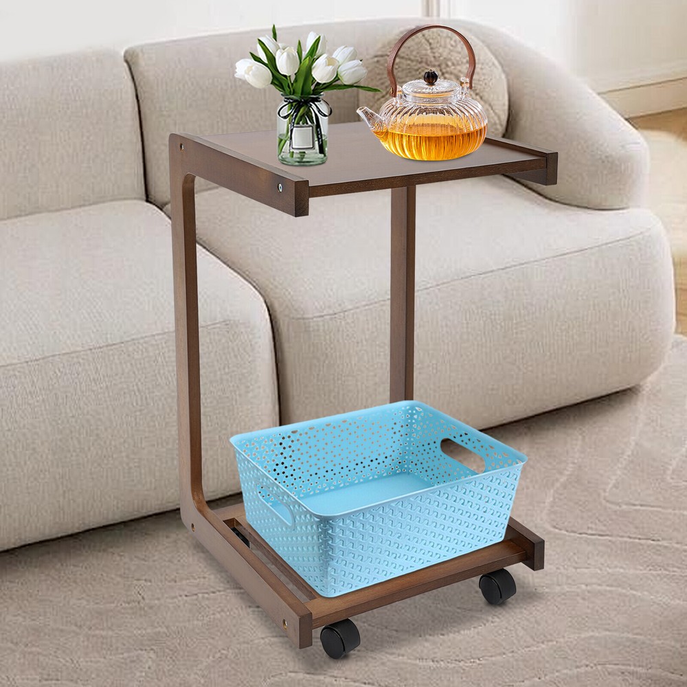 C-shaped Walnut Freestanding Side Table with Universal Wheels