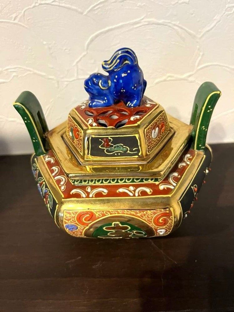 Pottery Incense Burner 5.1 in Lion Foo Dog Vintage Japanese Censer Kutani Ware