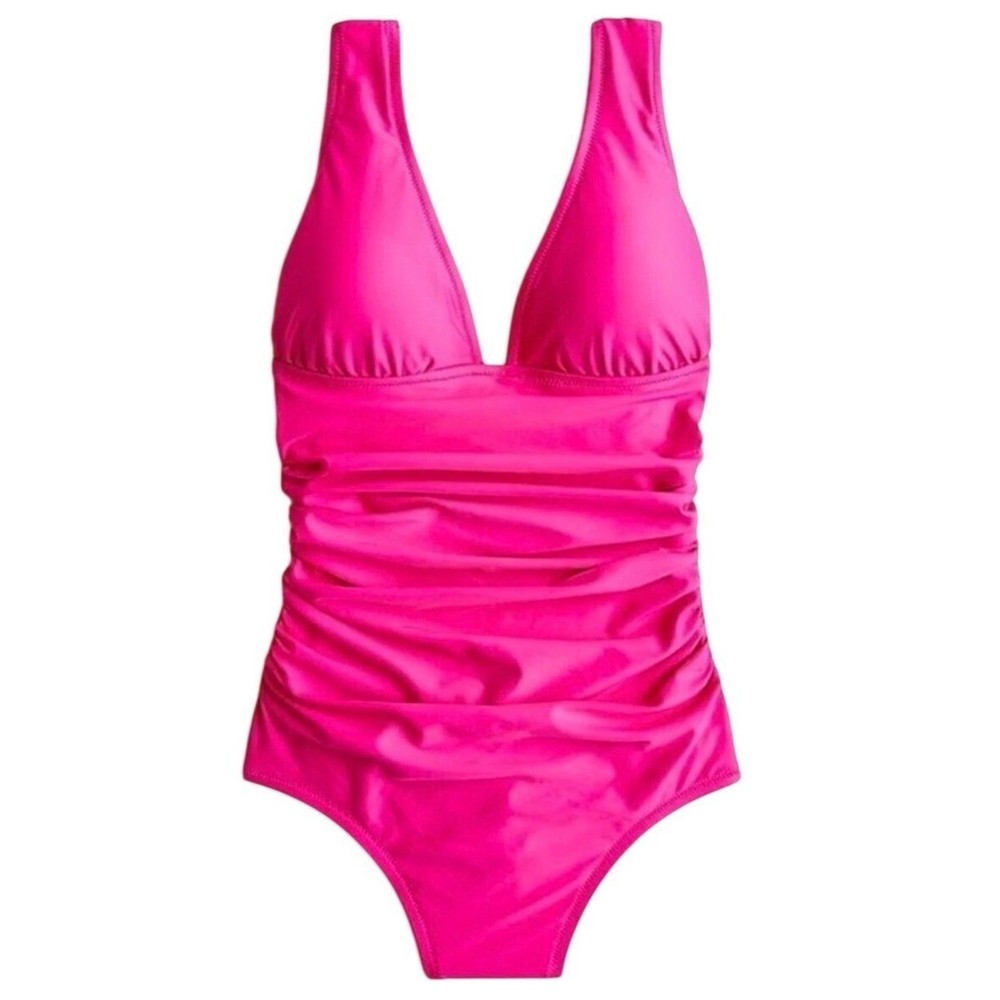 J. Crew Deep V Neck Ruched One Piece Swimsuit Size 4 Pink