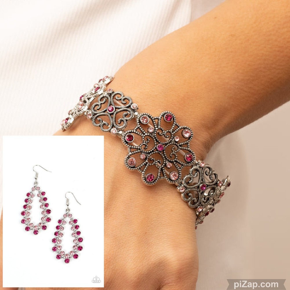 Paparazzi Bracelet And Earring Set Silver And Pink NIP