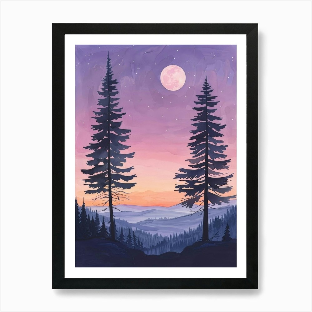 Sunset Pine Trees Framed Wall Art Canvas Print Picture