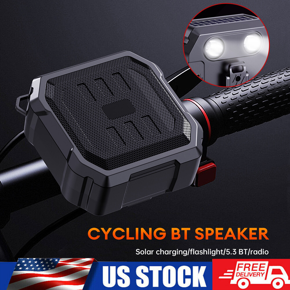 Bicycle Bluetooth 5.3 Speaker w/ Solar Flashlight/FM Radio/Clip for Bike Cycling