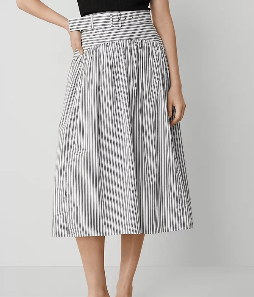 Ann Taylor Belted Yoke blue striped midi skirt size 4 petite