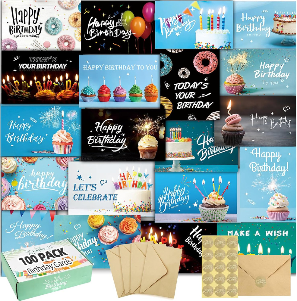 100 Pcs Happy Birthday Cards Bulk with Envelopes Box of Birthday Cards assorted
