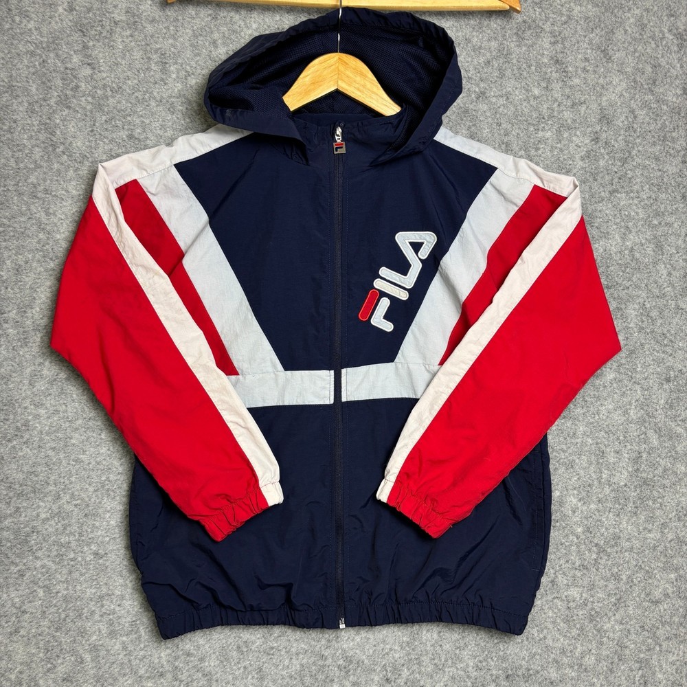 Vintage FILA Mens Large L Windbreaker Blue Jacket Full Zip Hooded Retro Y2k 90s