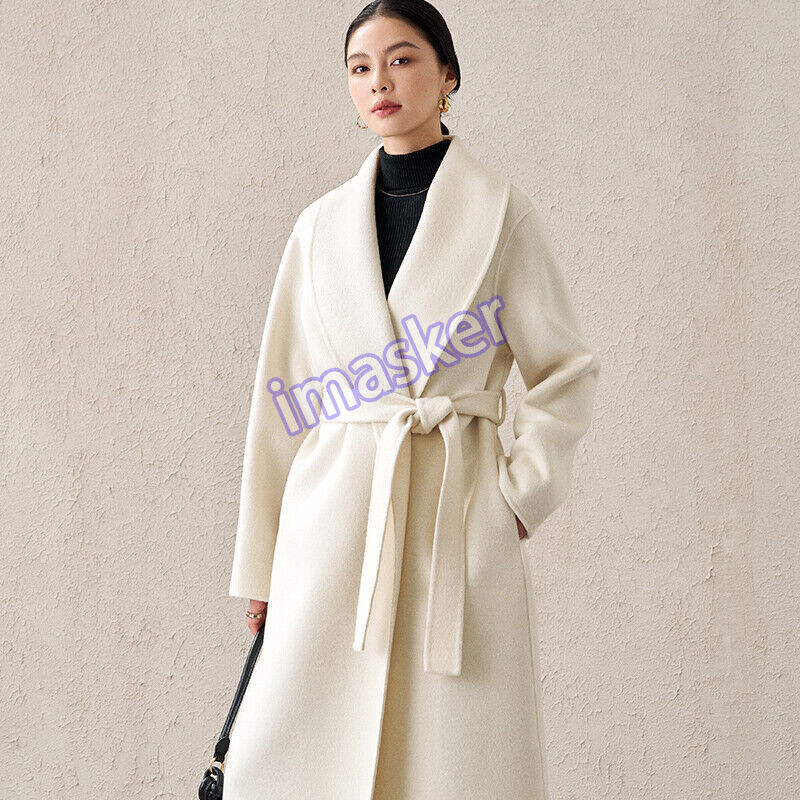 White 90% Cashmere Trench Coat Women's Long Winter Cashmere Warm Belt Wool Coat
