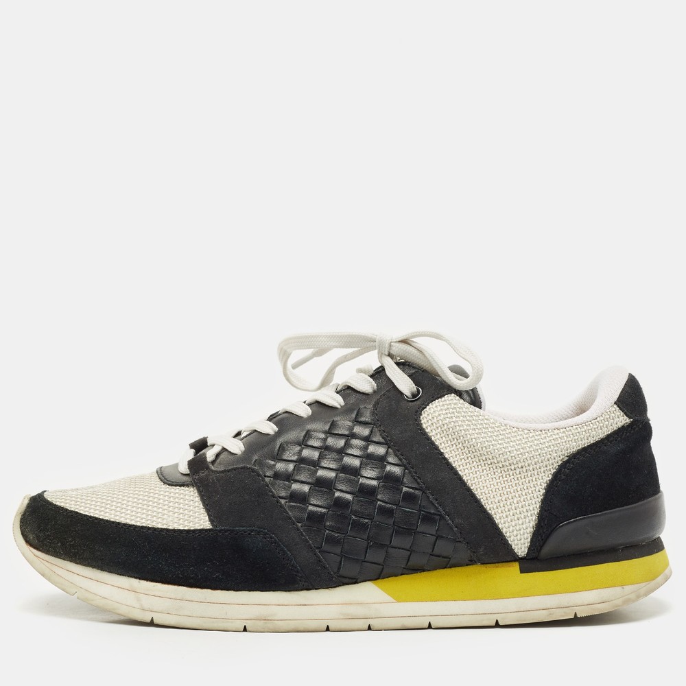 Bottega Veneta White Black Intrecciato Leather Suede Lace Up Sneakers