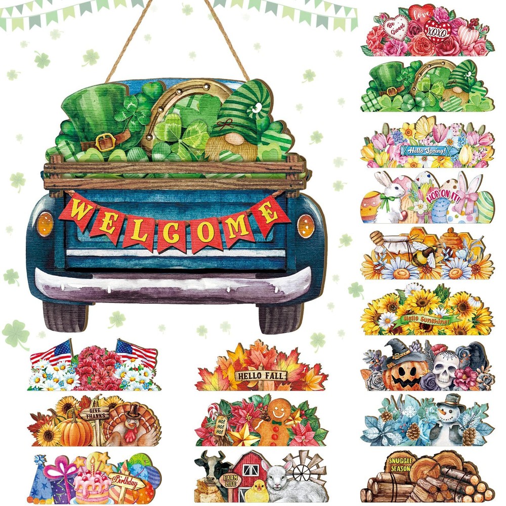 Seasonal Interchangeable Welcome Sign for Front Door Decor Farmhouse Truck Do...-image