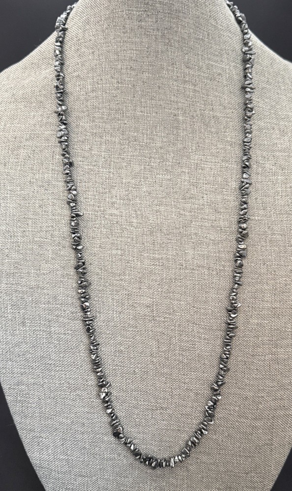 Necklace Black Hematite Chips Stone 34 Inches Long Beautiful! See Photos