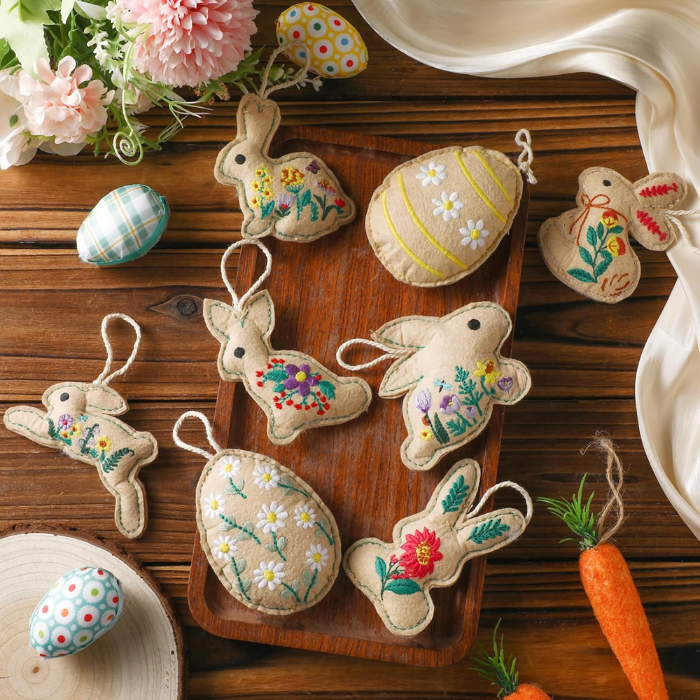 8 Pcs Easter Bunny Hanging Ornaments Vintage Embroidery Rabbit Egg Ornaments for