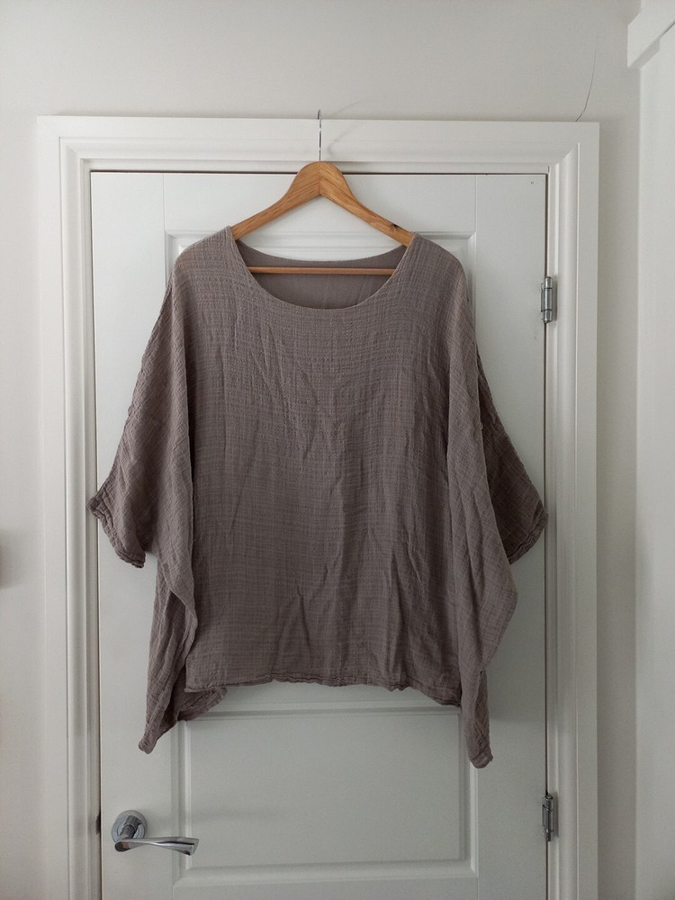 Made In Italy Grey Muslin Cheesecloth Top Blouse Size XL 16 18 Uk Oversized