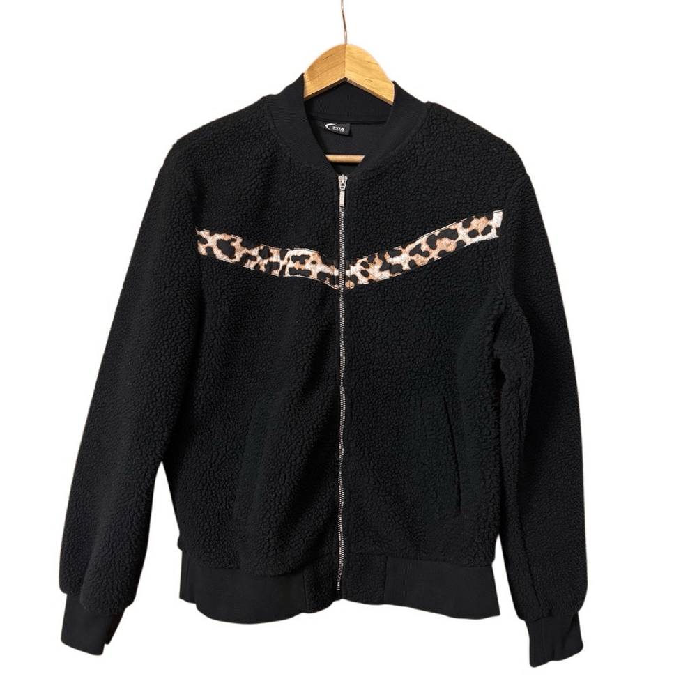 Zyia Active Black Leopard Print Flying V Fleece Jacket Size Medium