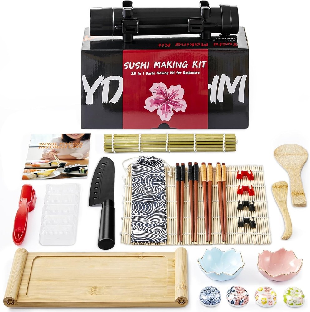 Deluxe 25-in-1 Sushi Making Kit with Bazooka Roller and Bamboo Mat