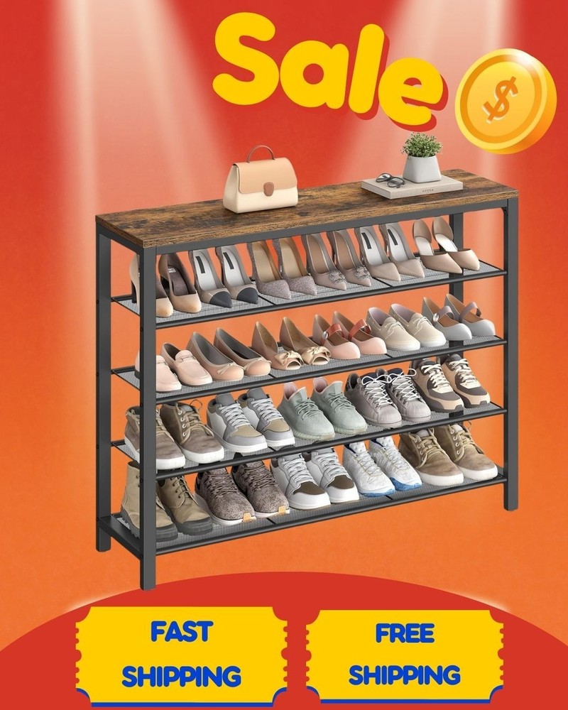 5-Tier Shoe Rack with 4 Metal Shelves, 16–20 Pairs, Rustic Brown & Black