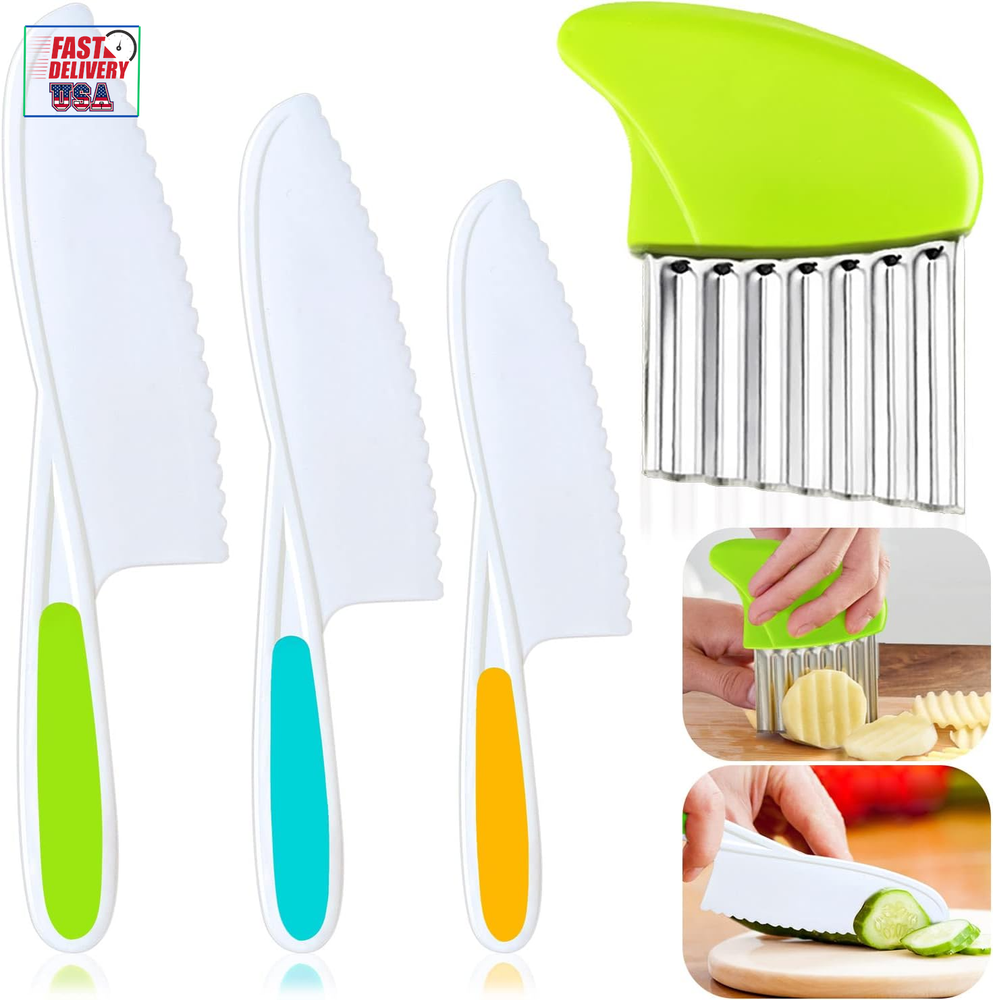 4-Piece Kids Knife Set with Nylon Blades, Crinkle Cutter & Serrated Edges