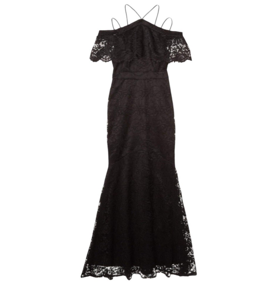 Nicole Miller NY Size 4 Black Lace Cold Shoulder Fit Flare Gown