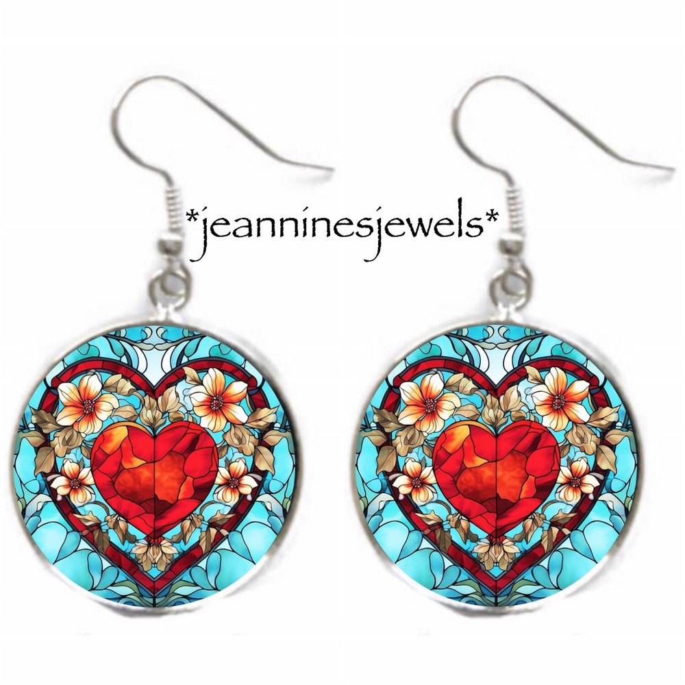 Valentines Day Silver Dangle Earrings Red Heart Faux Stained Glass Art Wife Gift