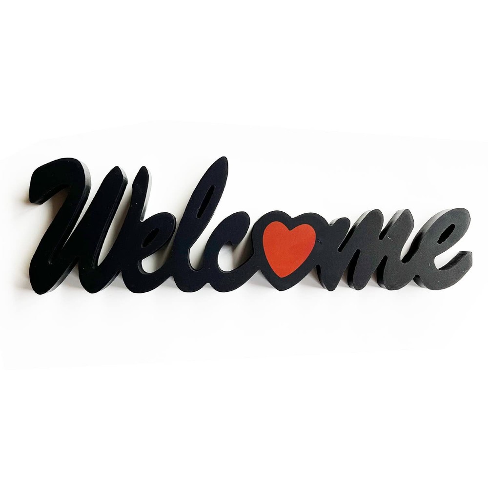 Hanging Wooden Cutout Word Welcome Sign with Heart Wall Decor Free Standing B...