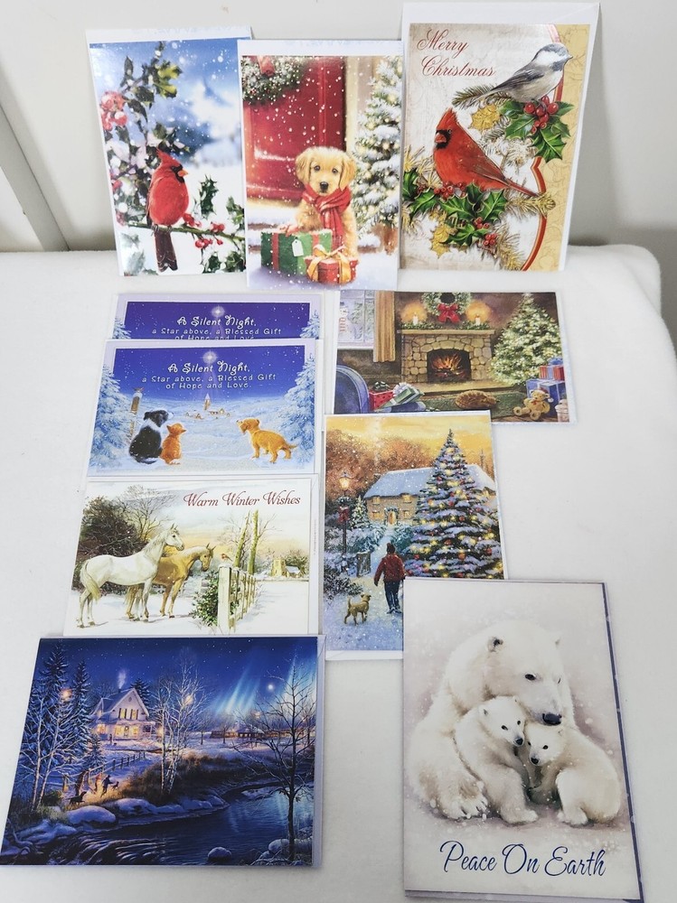 Lot (10) Animal Bird Theme Christmas Greeting Cards+Env~Dogs~Cardinal~Horse~Bear