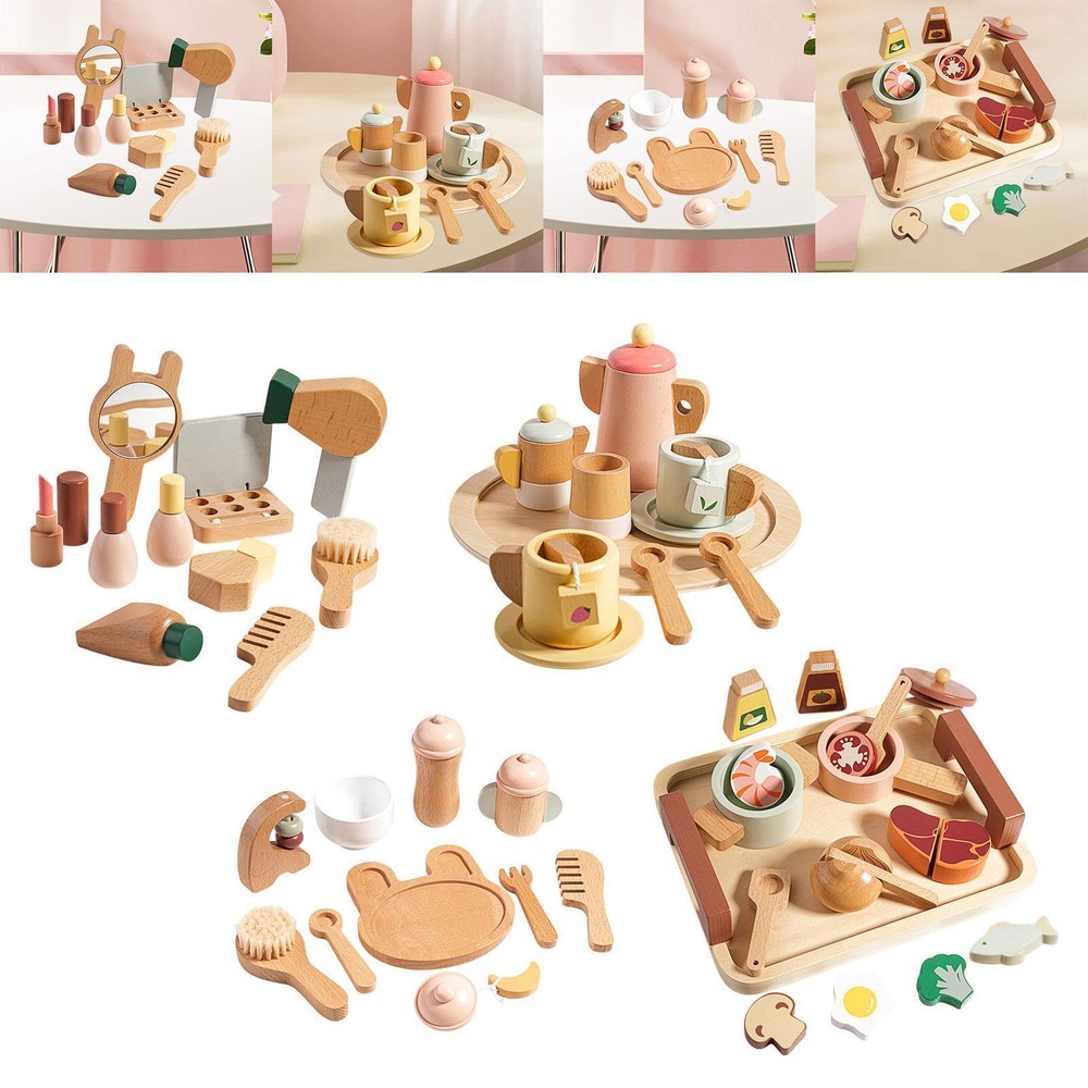 Pretend Play Set Toy Wooden Matching Play Cutlery Plate Set Montessori Tea Party