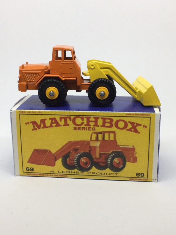 Vintage Lesney Matchbox 69 Custom Hatra Shovel Yellow Orange Nice Repro Box.