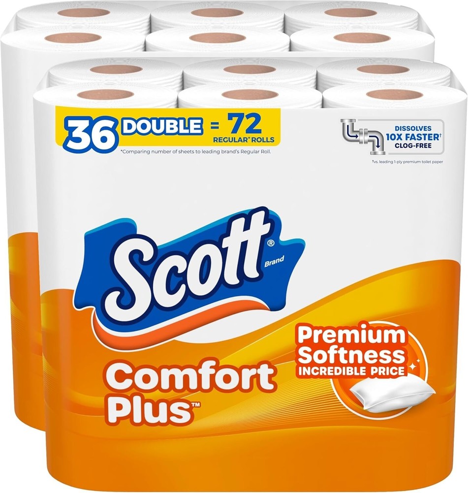 Scott ComfortPlus Toilet Paper, 36 Double Rolls, 1-Ply, 231 Sheets/Roll, Septic