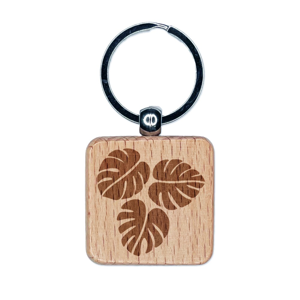 Monstera Leaf Trio Engraved Wooden Square Keychain Charm